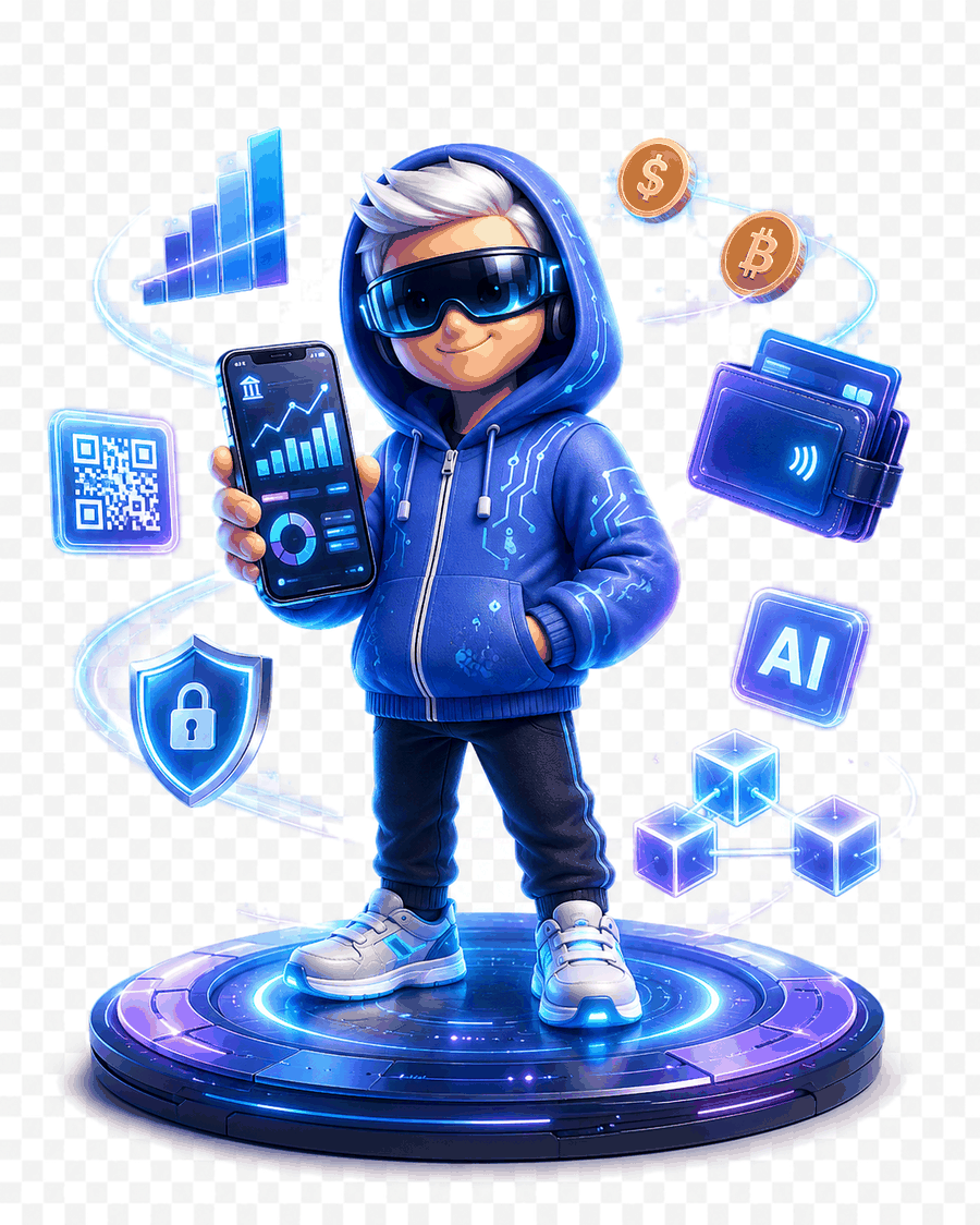 AURUM AI copilot character holding a phone with live portfolio charts, surrounded by security, wallet and blockchain icons