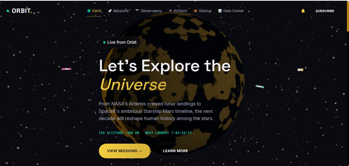 ORBIT home page hero with 3D Earth, orbital rings, and satellites